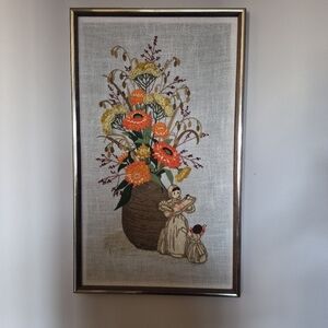 Vintage Floral Embroidered Crewel Wall Art with Brown Frame